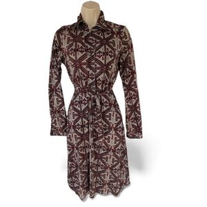 Nieves Lavi Wool Shirt Dress 4 Red Geometric Ethnic Print Belted Long Sl. Boho